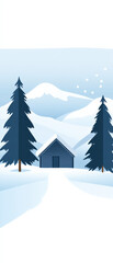 Fototapeta premium serene winter landscape featuring cozy blue cabin surrounded by tall evergreen trees and snow covered mountains in background. scene evokes warmth and tranquility