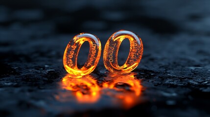Two Glowing Rings with Encrypted Binary Code on a Dark Wet Surface, Futuristic Technology Concept