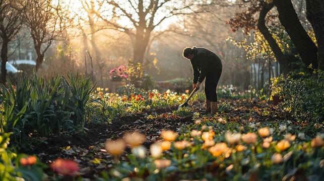 Gardener working in sunlit garden during early morning