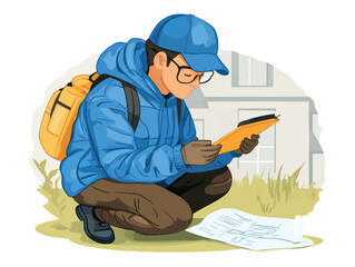 Young person studying document while crouching on grassy area in front of building on a sunny day