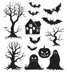 Halloween-themed black silhouettes featuring bats, haunted house, and spooky trees set against a white background