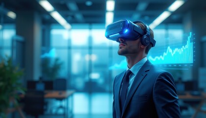 Fototapeta premium Businessman in Futuristic Office with VR and Holograms