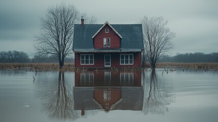 Fototapeta premium Flooded house in rural landscape during overcast day