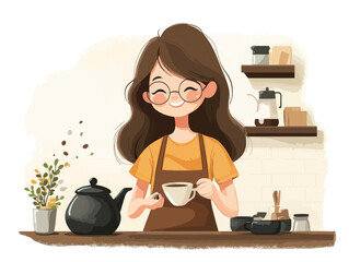 Young woman serving tea in a cozy caf&eacute; setting with a warm smile and inviting atmosphere during the afternoon