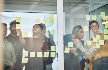 Business people, schedule or planning with glass board for meeting, collaboration or brainstorming...