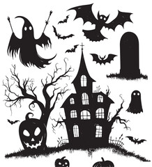 A collection of Halloween-themed silhouettes featuring pumpkins, ghosts, bats, owls, and spooky houses in a dark, eerie setting