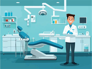 A friendly dentist stands in a modern dental clinic with advanced equipment and scrubbed surfaces, ready to provide care to patients