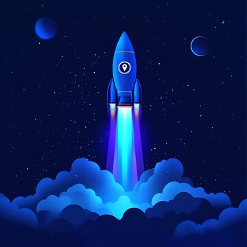 Blue rocket racing through the starry night in vibrant illustration image