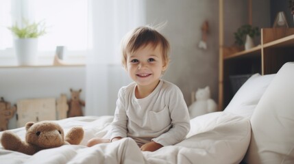 A delighted child with a teddy bear sits comfortably in a cozy room, exuding innocence and joy, framed by gentle natural light and soft textures.