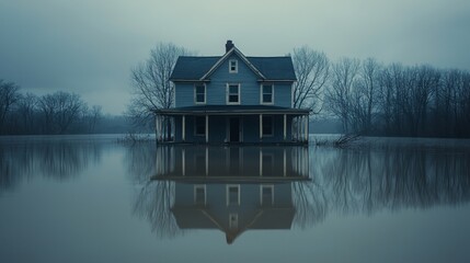 Fototapeta premium Isolated house flooded in calm waters at dusk