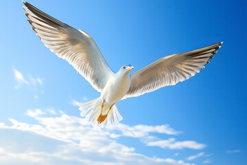 Obraz premium A soaring seagull in the blue sky.