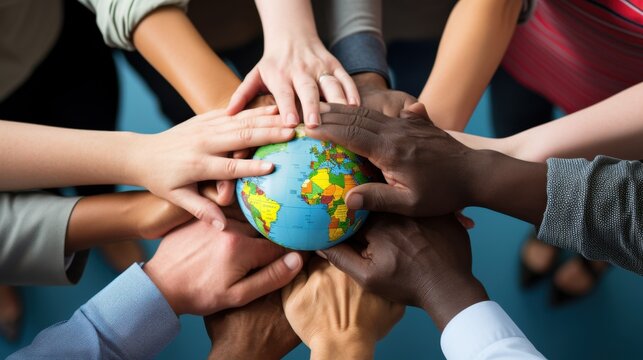 Diverse hands unite to hold a globe, symbolizing global unity, collaboration, and shared responsibility across cultures.
