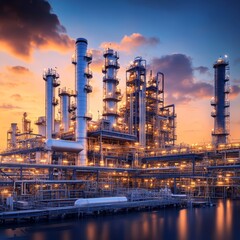 Fototapeta premium Oil Refinery Plant at Sunset, Industrial Background, Petrochemical Factory, Engineering
