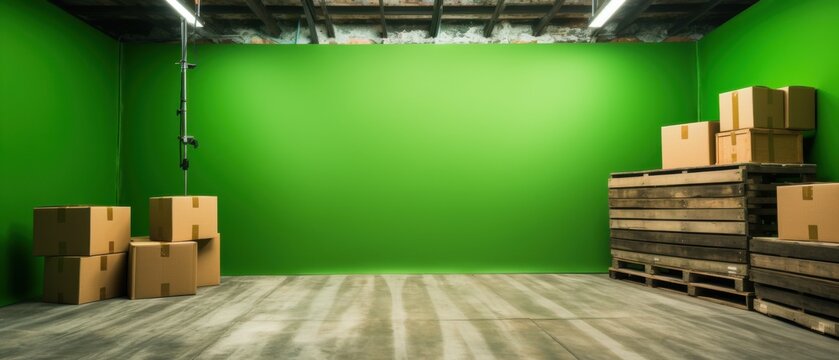 A minimalist studio setup featuring a vibrant green screen, wooden pallets, and cardboard boxes, ready for creative production or photography.
