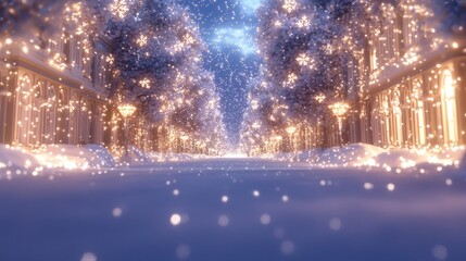 Enchanting Christmas Wonderland: Spectacular Snow-Covered Street with Festive Houses and Soft Glow Digital Illustration