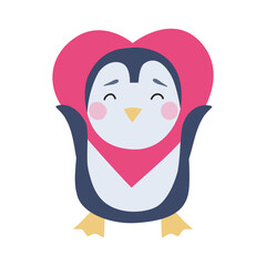Cute penguin into big heart for children's print, baby room decoration or book. Vector character in flat hand drawn style