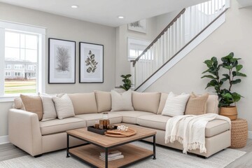 Living room with a white couch, a coffee table, and a staircase