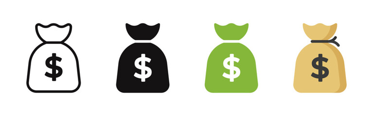 Money bag icons set. Sack of money symbol in different style. Vector illustration.