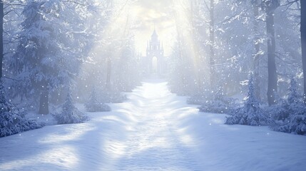 Enchanted Winter Wonderland - Serene Snowy Path Through Tranquil Forest with Distant Church Bell Ringing, Christmas Fantasy Digital Illustration