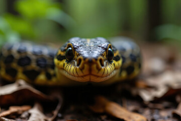 Fototapeta premium close-up curious snake in natural forest habitat. Chinese Year of the Snake concept. Wildlife conservation, natural habitat preservation