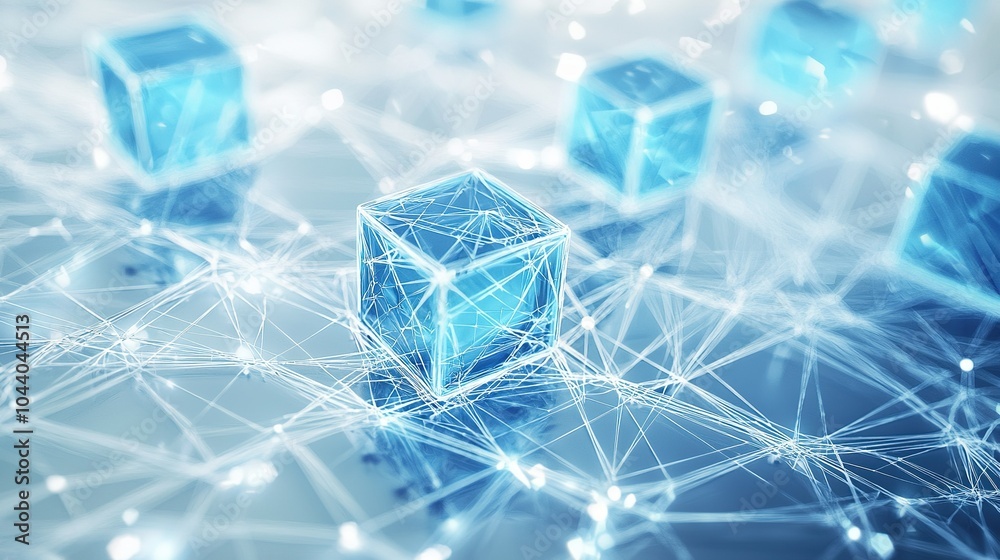 Poster abstract representation of blockchain network with glowing blue blocks connected by digital lines