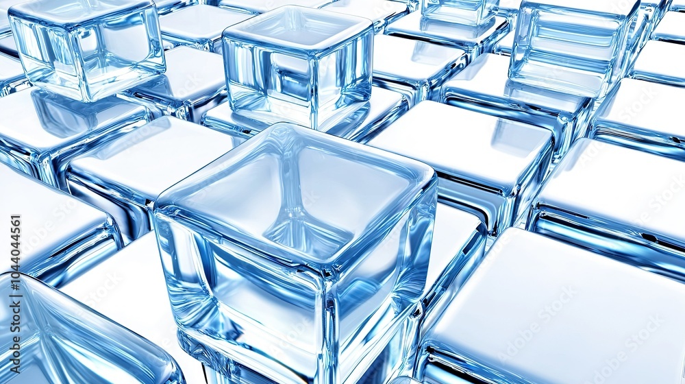 Poster Transparent glass cubes arranged closely on a surface, creating a reflective pattern and intricate interplay of light and shadows