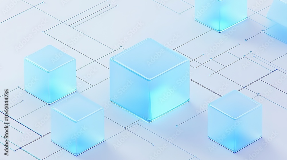 Poster abstract representation of translucent blue cubes arranged dynamically on a light background with a 