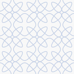 Naklejka premium Simple minimal vector seamless pattern. Abstract linear ornament texture with grid, lattice, mesh, squares, flower silhouettes, leaves. Subtle light blue and white geometric background. Repeat design