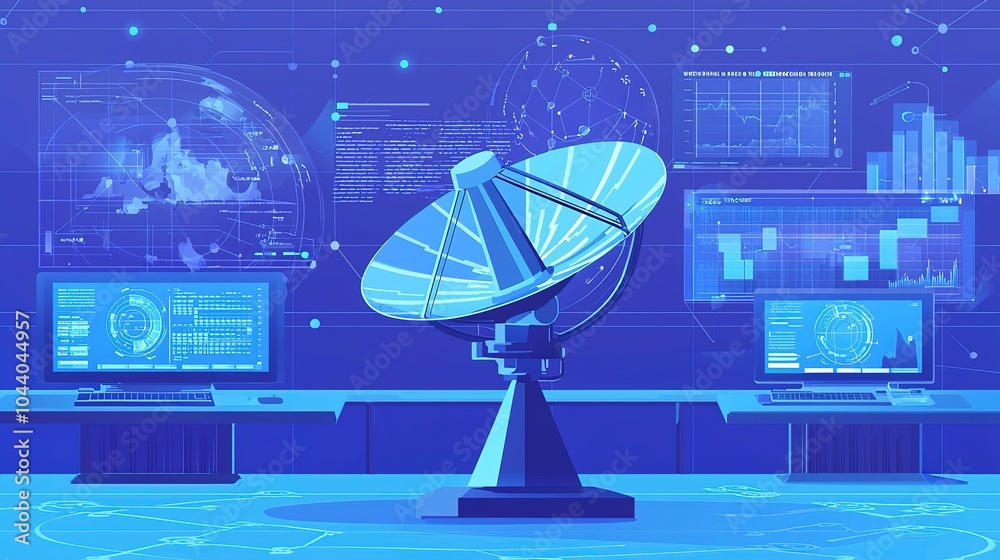 Poster a modern satellite dish in a high-tech control room displaying data and analytics about space explor