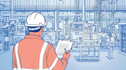 Worker in safety gear inspecting equipment and taking notes in an industrial facility during daytime operations