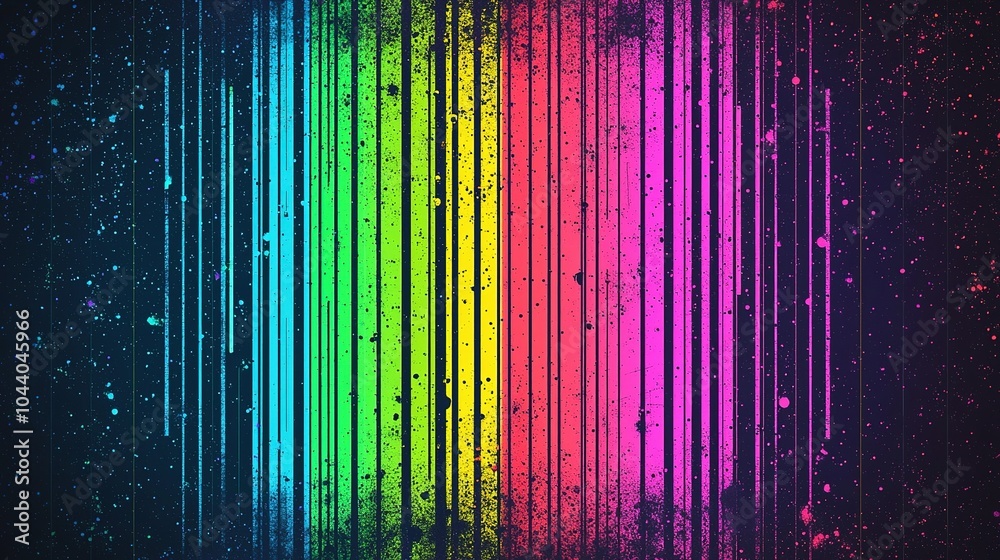 Poster colorful vertical lines create an abstract pattern with splashes on a dark background illuminated by