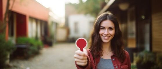 A smiling person holds a red localization icon, symbolizing navigation and directional assistance in a modern urban setting.