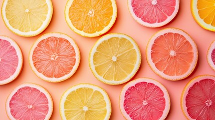 Full screen closeup of oranges and grapefruits cut into slices. Juicy refreshing citrus fruits. Fruit background. Illustration for banner, poster, cover, brochure, advertisement, marketing, etc.
