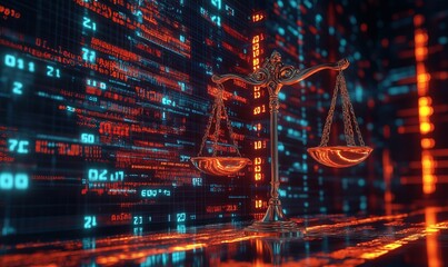 digital law concept with scales of justice on data center background glowing binary code