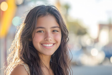 Obraz premium Young hispanic girl smiling outdoor at the town.