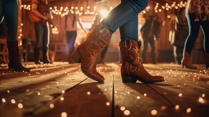 Cowboy boots dance in sync on a wooden floor, surrounded by glowing string lights, capturing the lively spirit of an evening gathering.