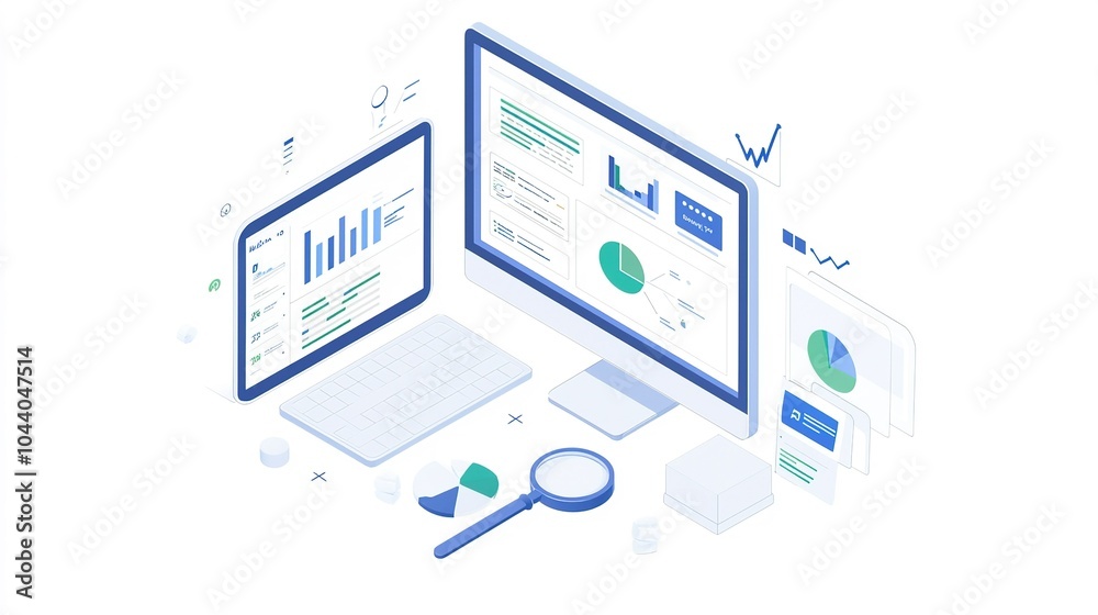 Poster data analysis workspace with graphs and charts on computer and tablet illustrating statistical insig