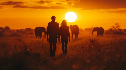 Fototapeta premium Silhouette of a couple holding hands in the African savanna at sunset, with elephants in the background.
