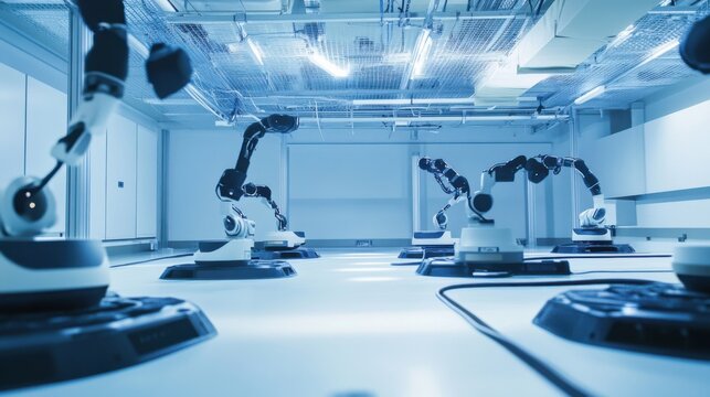 Robotics lab with swarm robotics experiments, High-tech style, photo of