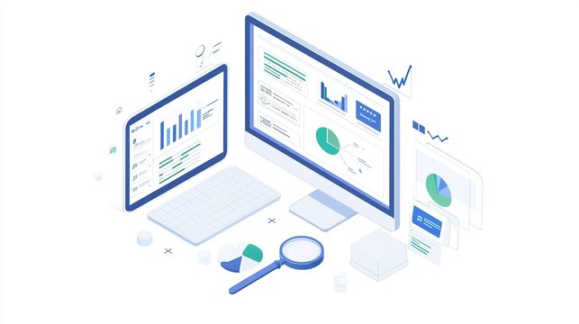 Data analysis workspace with graphs and charts on computer and tablet illustrating statistical insights and trends