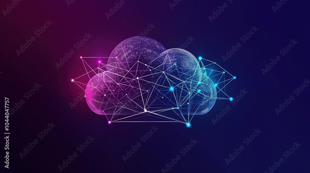 Poster a digital cloud network visualizing interconnected data nodes in vibrant colors against a dark backg