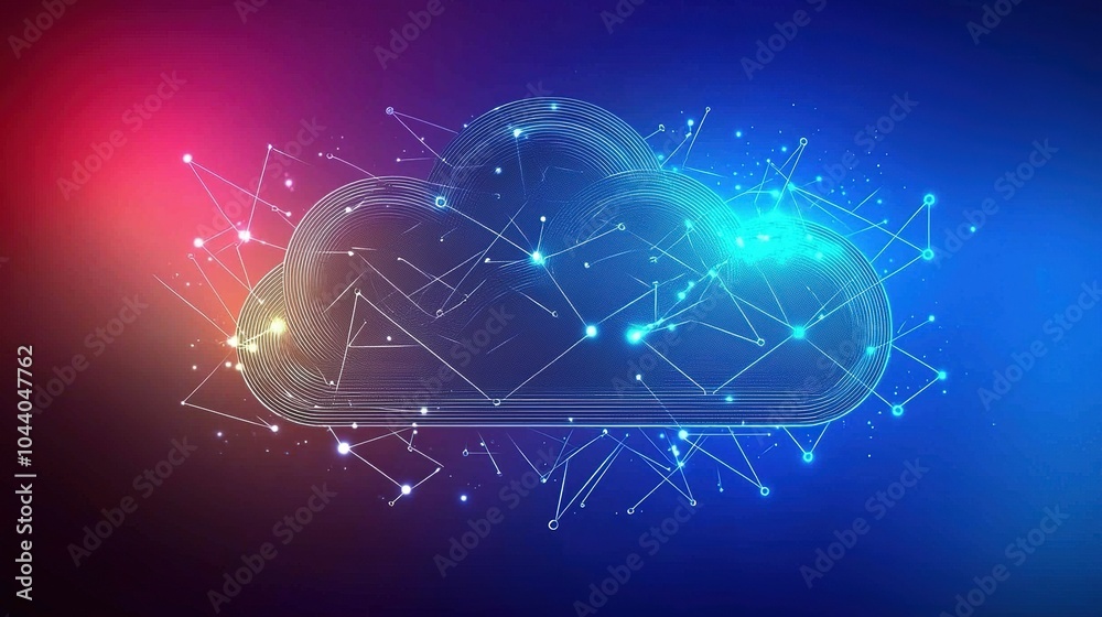 Poster digital cloud icon with vibrant neon lights and connected nodes representing data transfer in a tech