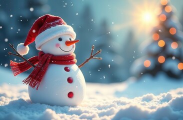 Snowman wearing red scarf and santa hat enjoying winter snowfall