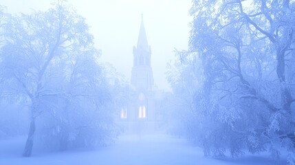 Enchanting Christmas Eve Scene with Church Steeple in Misty Snowy Landscape | Ultra-Detailed Winter Fantasy Digital Illustration