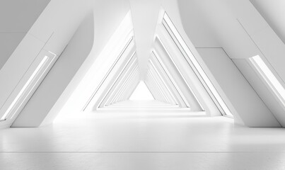 Obraz premium Empty Long Light Corridor. Modern white background. Futuristic Sci-Fi Triangle Tunnel