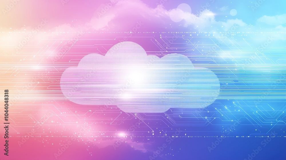 Poster digitally rendered cloud symbolizing cloud computing technology and data transfer in a colorful abst