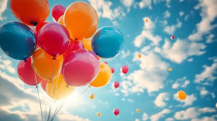 A cluster of colorful balloons float in the sky against a bright blue sky with fluffy clouds and sunbeams.