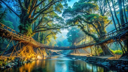 Exploring living root bridges in Meghalaya during a serene morning. Generative AI