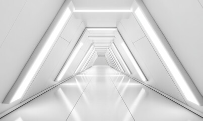 Obraz premium Empty Long Light Corridor. Modern white background. Futuristic Sci-Fi Triangle Tunnel