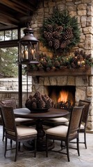Obraz premium A beautifully arranged dining room table showcases lanterns and candles, complemented by pine cones and greenery garland, creating a warm winter ambiance by the fireplace